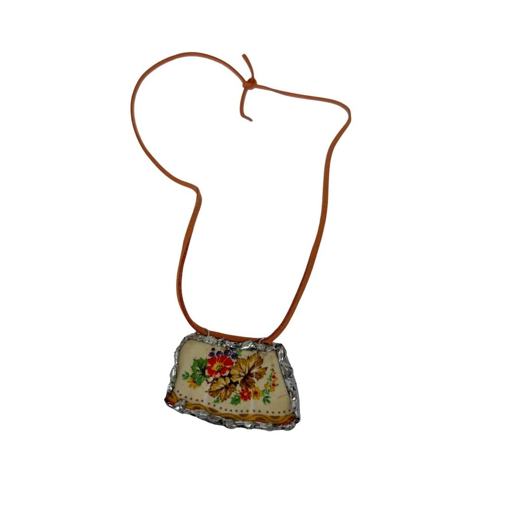 Vintage Broken China Pendant Necklace Floral Porcelain Shard Jewelry Orange Cord